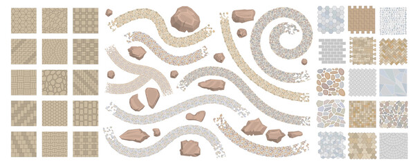 Set of vector street pavements and stones. (Top view) Collection for landscape design, plan, maps. (View from above)