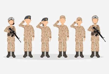 Wall Mural - Group of army, men and woman, in camouflage combat uniform saluting. Cute flat cartoon style. Isolated vector illustration.