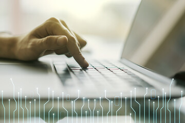 Poster - Double exposure of circuit hologram and hands typing on laptop on background. Research and development hardware concept