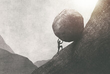 Illustration Of Strong Man Pushing Big Rock Uphill, Surreal Concept