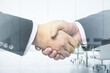 © Pixels Hunter - Double exposure of handshake two businessmen on meeting room interior background, research and strategy concept