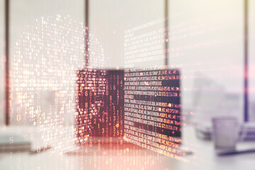 Poster - Creative code skull hologram on modern computer background, cybercrime and hacking concept. Multiexposure