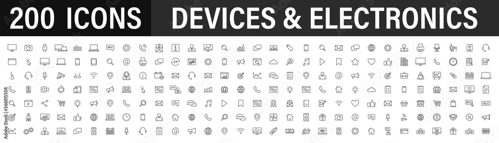 Set of 200 Technology and Electronics and Devices web icons in line style. Device, phone, laptop, communication, smartphone, ecommerce. Vector illustration. - obrazy, fototapety, plakaty 