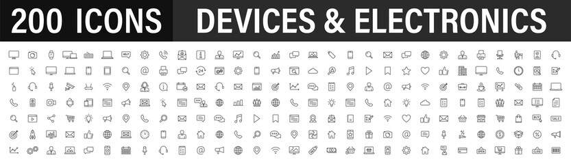 Fototapete - Set of 200 Technology and Electronics and Devices web icons in line style. Device, phone, laptop, communication, smartphone, ecommerce. Vector illustration.