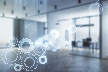 Poster - Double exposure of abstract virtual robotics technology hologram on modern corporate office background. Research and development software concept