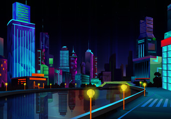 Night city with neon glow on dark background vector 03