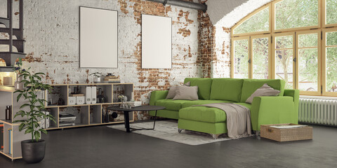 Poster Frame Mock up  with sofa in old vintage Loft Apartment Interior - 3d rendering