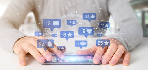 Poster - businessman holding social network notifications - 3d rendering