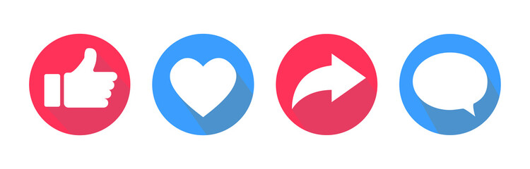 Fototapete - Vector icons set. Like, comment, share icons. Social network signs. Different color objects.