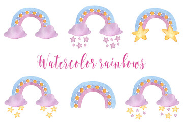 Watercolor hand drawn set of baby cute rainbows with clouds and stars in pastel color on white background. Can use for design of greeting card, poster, print.