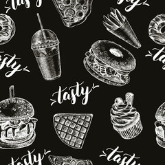 Wall Mural - Decorative seamless pattern with Ink hand drawn street food - bagel, french fries, cupcake, waffle, donut. Food elements texture for your design. Vector illustration.