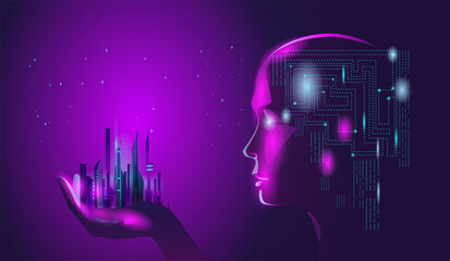 Artificial intelligence controls the services a smart city. Vector illustration on the theme of smart city and virtual reality.