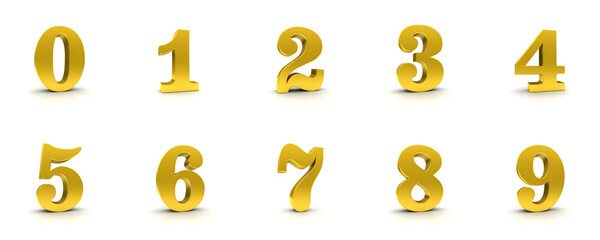 Wall Mural - numbers golden signs numerals 3d gold 0 1 2 3 4 5 6 7 8 9 one two three four five six seven eight nine zero symbols icons