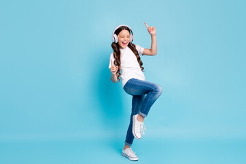 Poster - Full length body size view of nice glad excited cheerful wavy-haired girl meloman listening stereo single dancing isolated on bright vivid shine vibrant blue teal turquoise color background