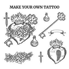 Wall Mural - Old school tattoo elements set with heart, roses, key, bottle, engraving ribbon and knife with outline in black and white colors and retro style