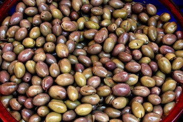 Greece, Athens, July 18 2020 - Stall with olives at street market.