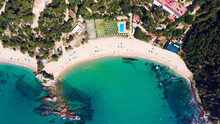 Beautiful Aerial View Of Mediterranean Beach And Resort Cala Santa Cristina, Blanes, Costa Brava, Spain