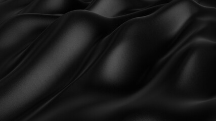 Wall Mural - Black wavy satin silk abstract background with folds and waves. Luxury black cloth background. 3d rendering.