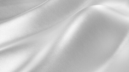 Silver silk wavy fabric abstract background close up. Closeup of rippled silk fabric. Smooth elegant silver-colored silk or satin. 3d rendering.
