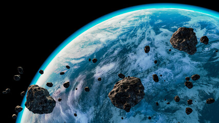 Wall Mural - blue planet or exoplanet with atmosphere and clouds and asteroids in the foreground. spacescape arti