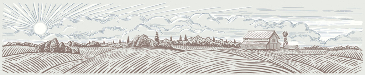 rural landscape panoramic format with a farm. hand drawn illustration in engraving style.