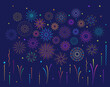 Star shape colorful fireworks explosion pattern set. Flat composition of firework pattern collection isolated on blue background with rays and trails. Celebrate carnival shine decoration