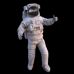 Wall Mural - astronaut showing thumbs up during spacewalk, isolated on black background