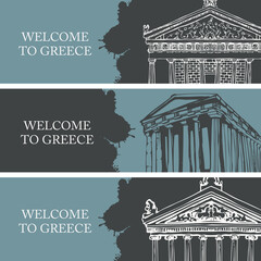 Wall Mural - Set of three travel banners on the theme of Ancient Greece with hand-drawn Greek attractions. Creative vector illustrations with the inscription Welcome to Greece.