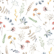 Watercolor Floral Seamless Pattern With Scattered Wildflowers, Leaves And Plants. Summer Illustration In Vintage Style On White Background.