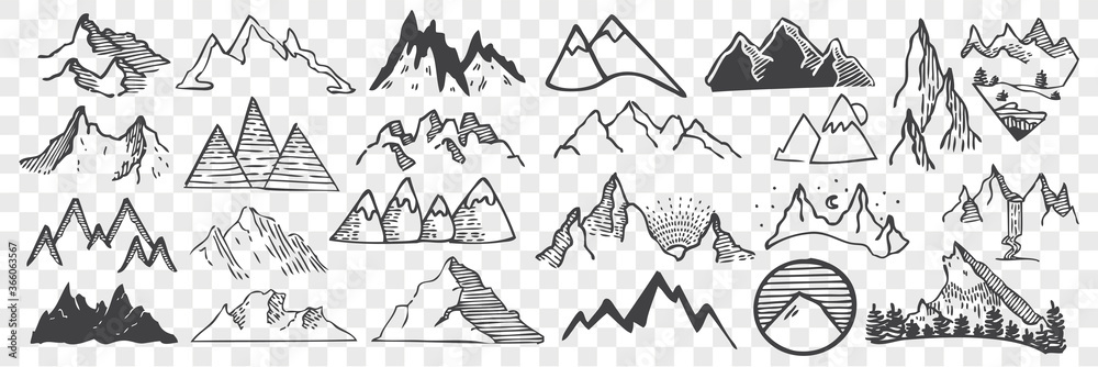 Hand drawn mountain peaks doodle set. - obrazy, fototapety, plakaty 