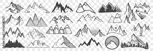 Cuadros en Lienzo Hand drawn mountain peaks doodle set.
