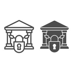 Poster - Closed bank with lock line and solid icon, Banking concept, chains in building sign on white background, bank closed on lock with chains icon in outline style for mobile and web. Vector graphics.