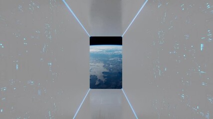 Poster - Huge illuminator of an unknown spaceship interior with scanner at an empty galaxy. 3D ISS animation in 4k.