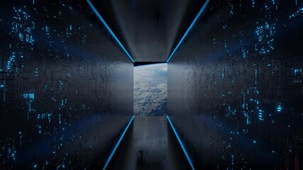 Poster - Huge illuminator of an unknown spaceship interior with scanner at an empty galaxy. 3D ISS animation in 4k.