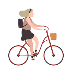 Wall Mural - Woman riding on bicycle. Simple character cyclist girl rides on bike. Outdoor activities in park, healthy lifestyle. Flat vector cartoon isolated illustration