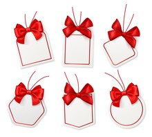 Tags With Red Bows. Blank White Price Labels With Silk Scarlet Ribbons For Christmas Or Birthday Packaging Gift Vector Realistic Templates Collection