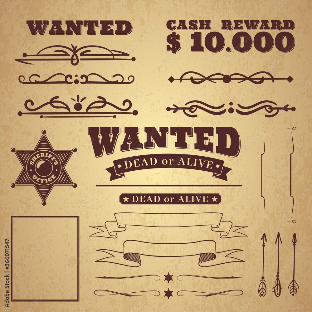 Wanted poster. Wild west vintage criminal search poster, borders and  ribbons, frames and scroll elements in retro style on badge background,  vector illustration for design Stock Vector | Adobe Stock, image size:1000x1000