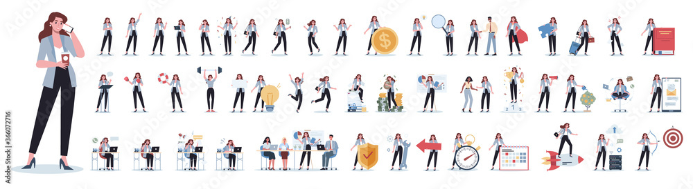 Set of business woman or office worker character with various poses - obrazy, fototapety, plakaty 