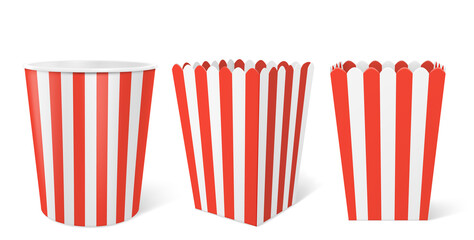 Striped paper box for popcorn isolated on white background. Vector realistic mock up of empty white and red bucket for pop corn, blank square and round pack for chicken, potato and snack in cinema