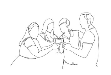 Wall Mural - Continuous line drawing of company of friends celebrating.. Continuous one line drawing, vector of group people cheering with glasses of wine or champagne. Man and woman in party celebration