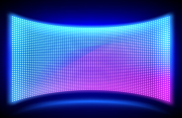 Poster - Led concave wall video screen with glowing blue and purple dot lights on black background. Vector illustration of grid pattern for led display on stadium or scene. Digital panel with mesh diode lamps