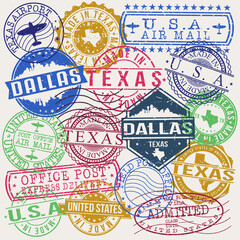  Dallas Texas Set of Stamps. Travel Stamp. Made In Product. Design Seals Old Style Insignia.