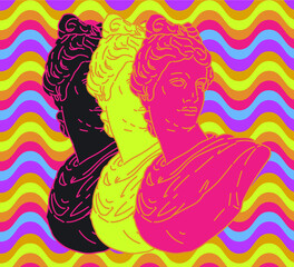 Poster - Pop art style collage with colorful gypsum heads. Illustration with psychedelic trippy vibe.
