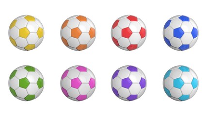 color soccer balls plastic leather metal fabric ball isolated on black background. Football 3d render illlustration.