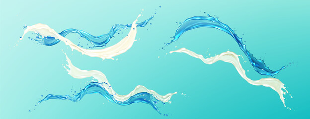 Horizontal splashes of water and white cream on blue background. Vector realistic set of liquid waves of flowing drinks, water and milk flows together. Combination of fluids for cosmetics