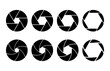 Camera shutter aperture icon set. Black zoom lens for focus. Silhouette photographic shot design with open and closed mode lens. Optics focal logo. Vector.