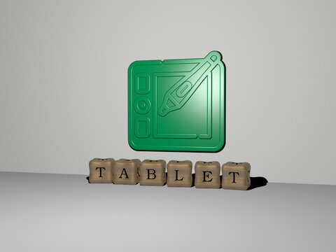3D illustration of TABLET graphics and text made by metallic dice letters for the related meanings of the concept and presentations. computer and digital