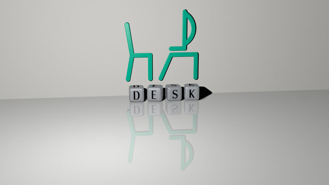 3D illustration of DESK graphics and text made by metallic dice letters for the related meanings of the concept and presentations. business and background