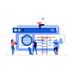 Poster - People team work together on SEO optimization concept with characters. Modern vector illustration in flat style for landing page, mobile app, poster, template, web banner, infographics, hero images