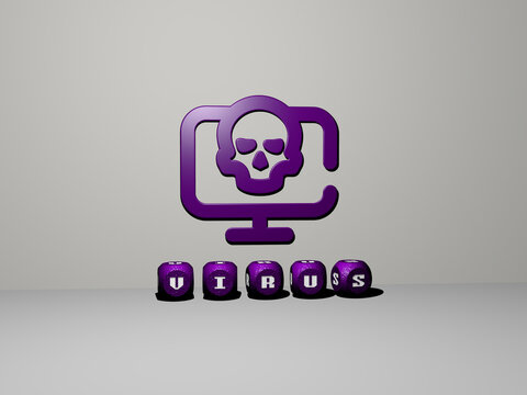 3D illustration of VIRUS graphics and text made by metallic dice letters for the related meanings of the concept and presentations. background and disease